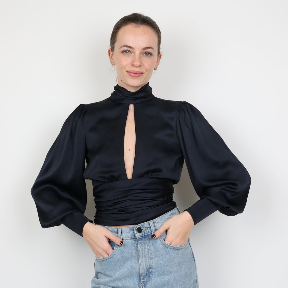 CBR Black Satin High-Neck Keyhole Puff Sleeve Blouse